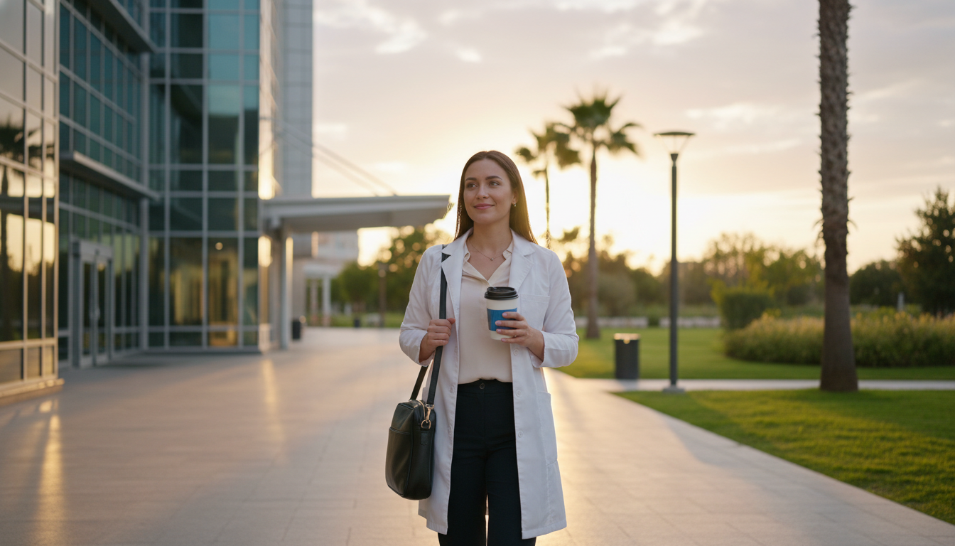 Pathology resident leaving hospital in early evening, symbolizing balanced lifestyle Pathology resident leaving hospital in early evening, symbolizing balanced lifestyle - pathology residency for Work-Life Bala