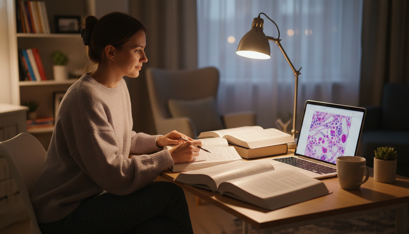 Pathology resident studying at home with textbooks and laptop Pathology resident studying at home with textbooks and laptop - pathology residency for Work-Life Balance Assessment in Patho