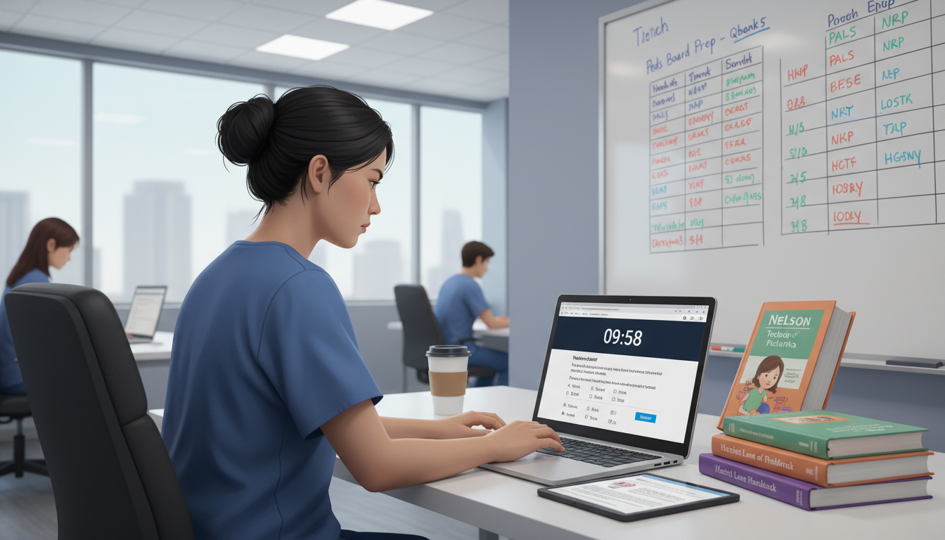 Pediatrics resident doing timed board-style question blocks on a laptop Pediatrics resident doing timed board-style question blocks on a laptop - pediatrics residency for Board Exam Study Resources