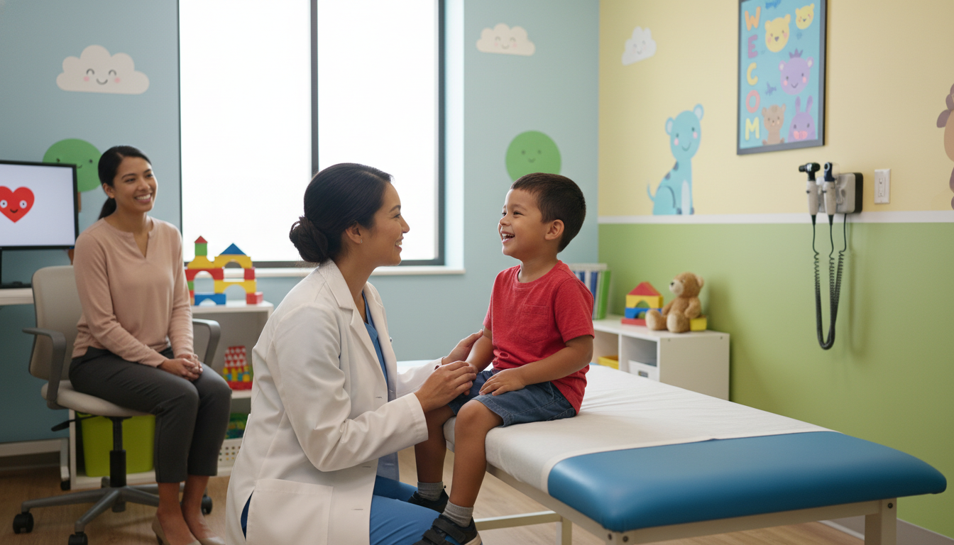 Pediatrics resident interacting with a young patient in clinic - pediatrics residency for Choosing a Medical Specialty in Ped