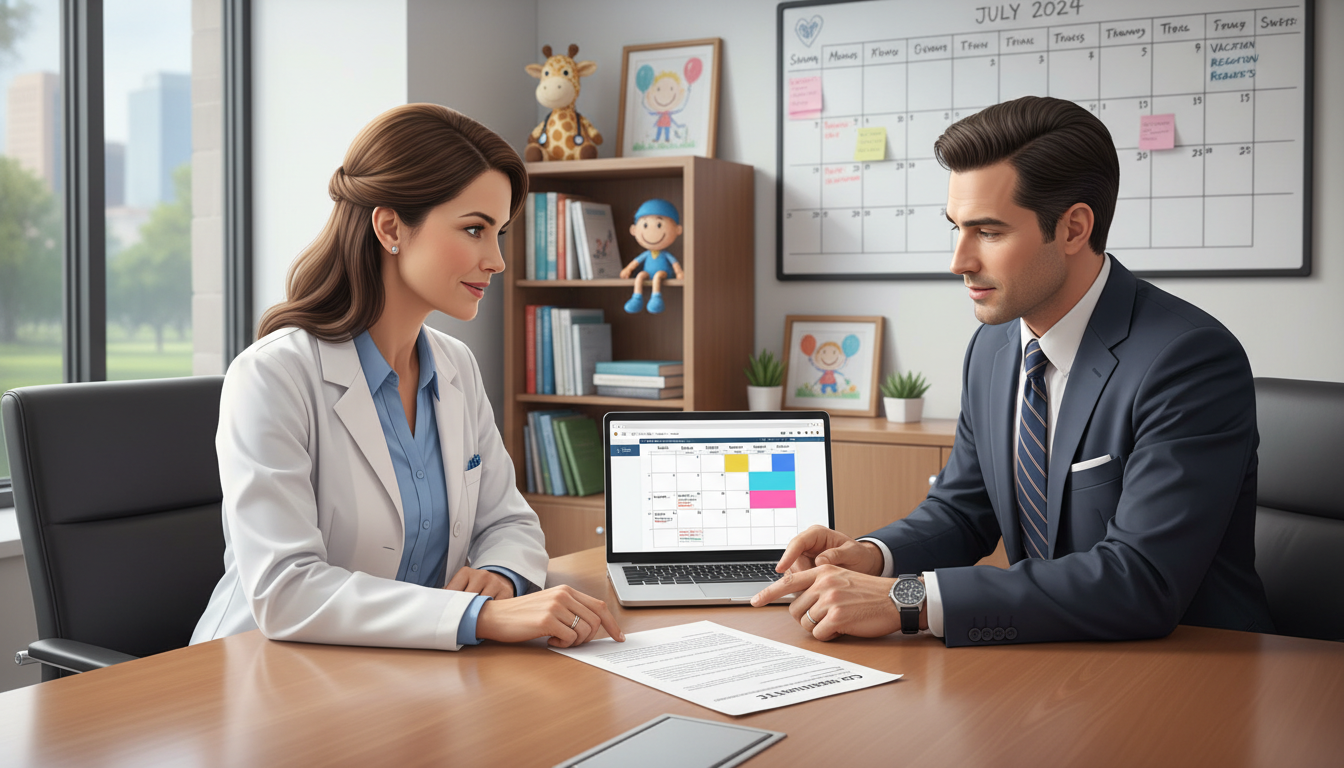 Pediatrician discussing work-life balance and schedule terms Pediatrician discussing work-life balance and schedule terms - pediatrics residency for Physician Contract Negotiation in Ped