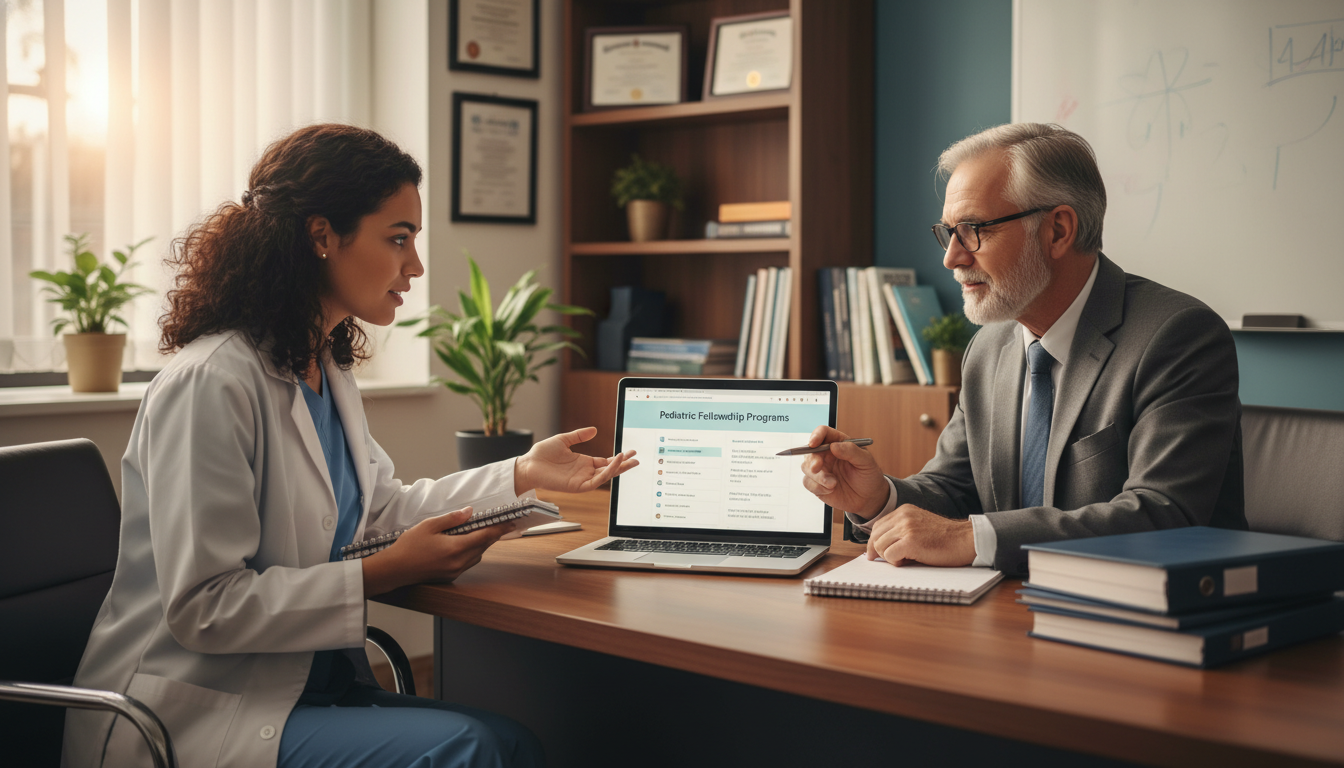 Pediatric fellow discussing fellowship options with mentor Pediatric fellow discussing fellowship options with mentor - pediatrics residency for Evaluating Fellowship Programs in Pedia