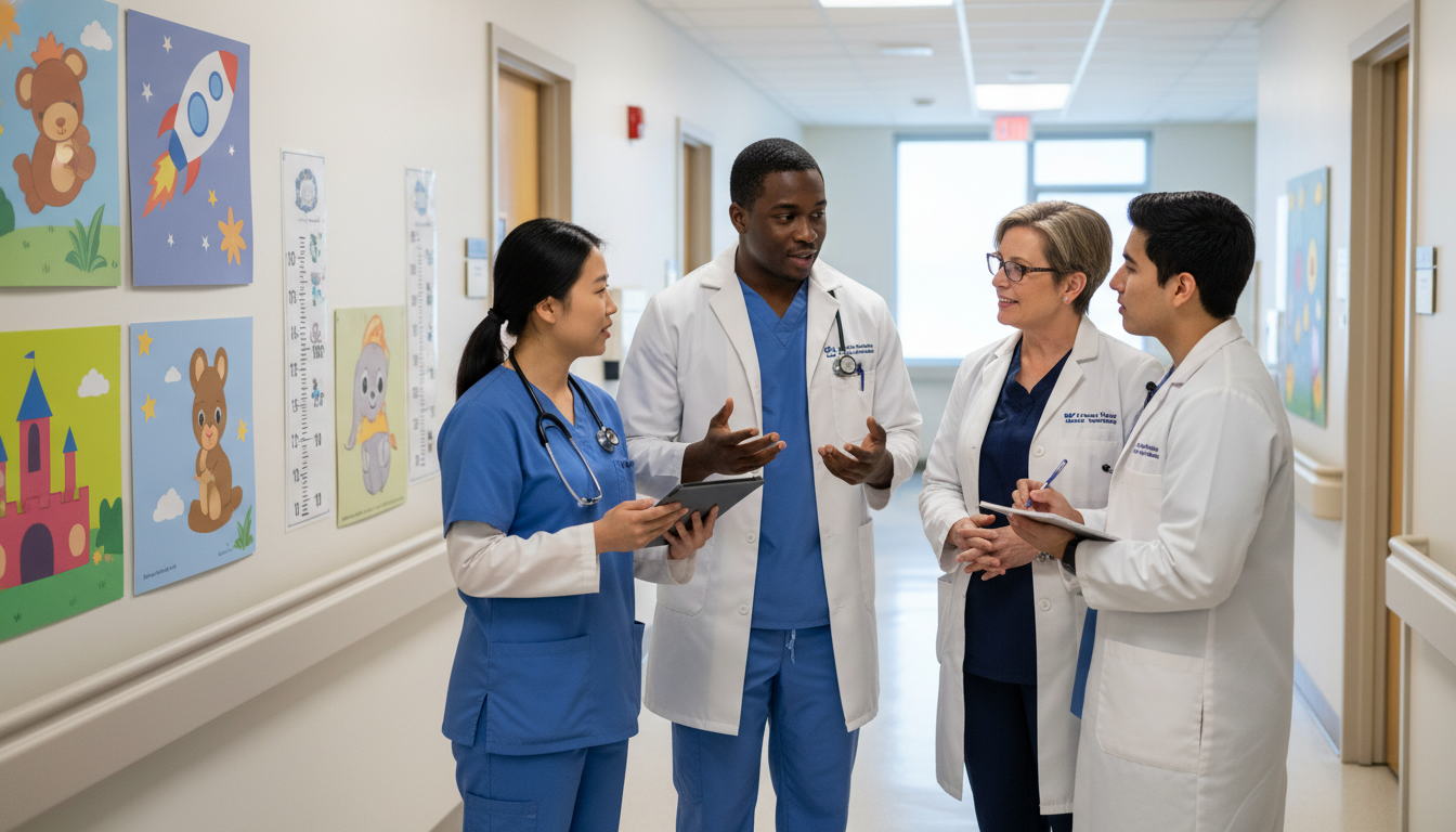 Pediatrics residents discussing patient cases on rounds - pediatrics residency for Common Interview Questions in Pediatrics: