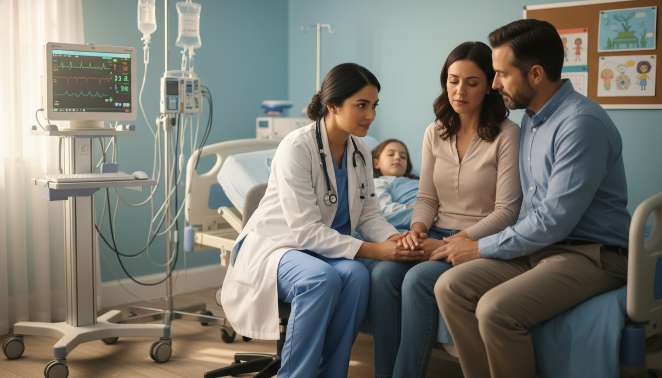 Pediatric resident comforting a family in a hospital room - pediatrics residency for Common Interview Questions in Pediatrics