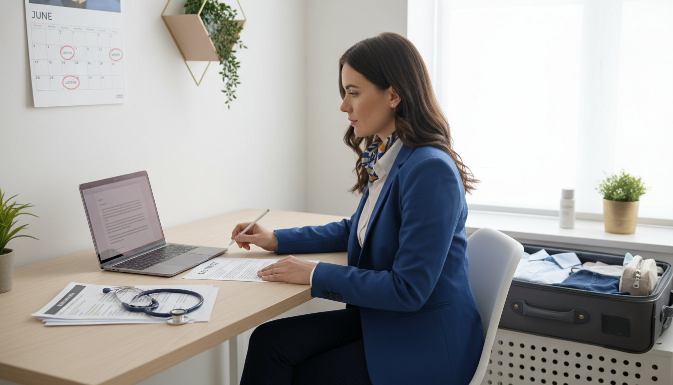 Pediatric locum tenens physician reviewing a contract and travel schedule Pediatric locum tenens physician reviewing a contract and travel schedule - pediatrics residency for Locum Tenens Opportuniti