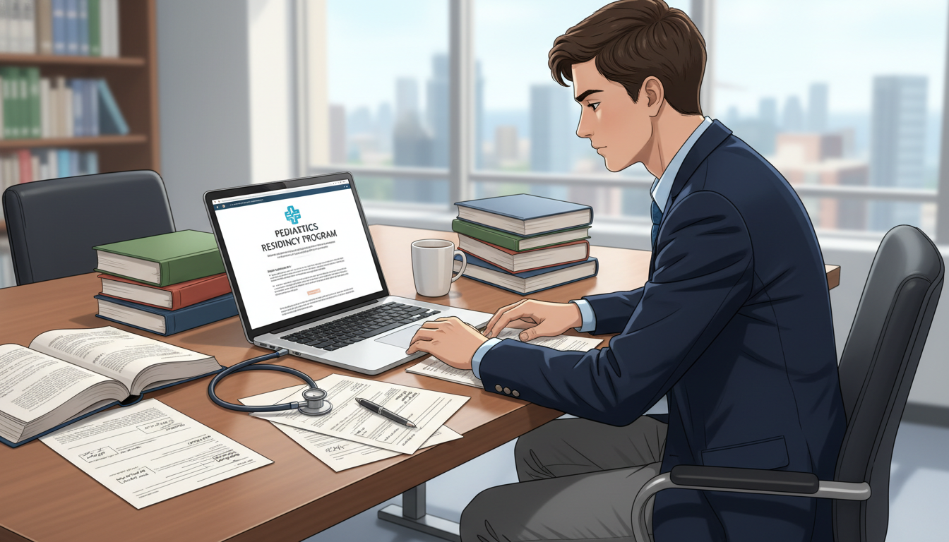 Resident reviewing pediatrics residency program information on laptop - pediatrics residency for Pre-Interview Preparation in