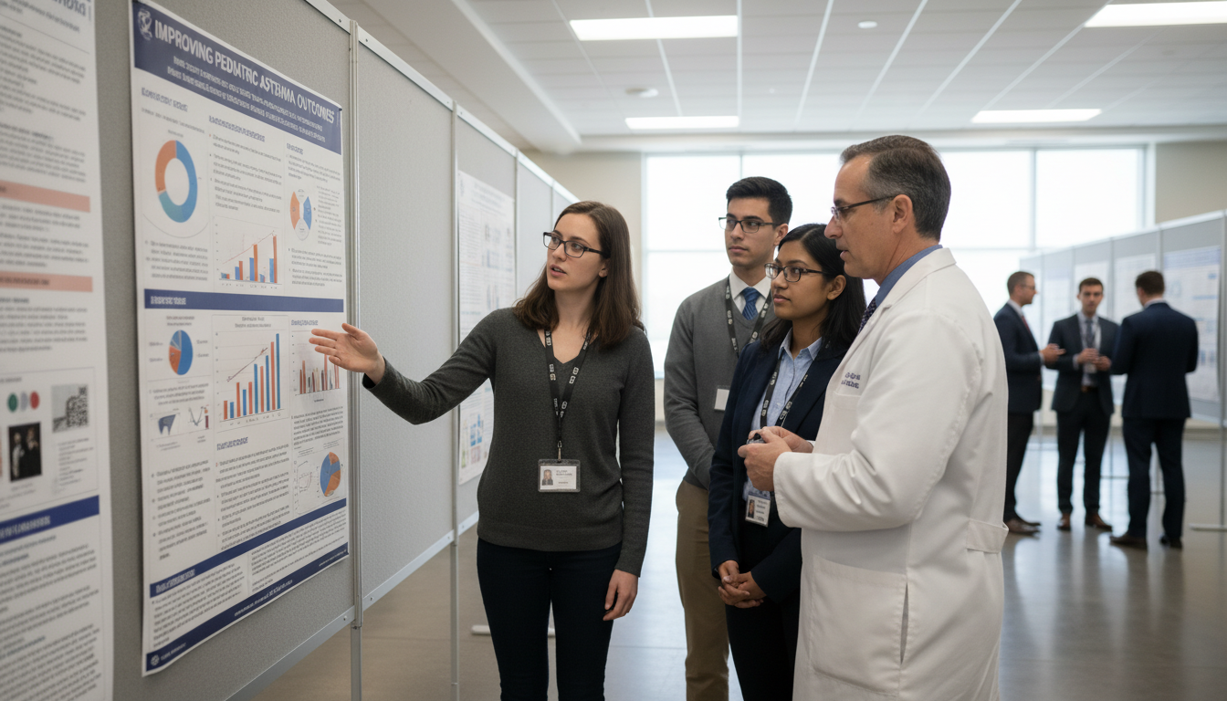 Pediatrics residents and faculty in academic conference discussing research poster Pediatrics residents and faculty in academic conference discussing research poster - pediatrics residency for Questions to As