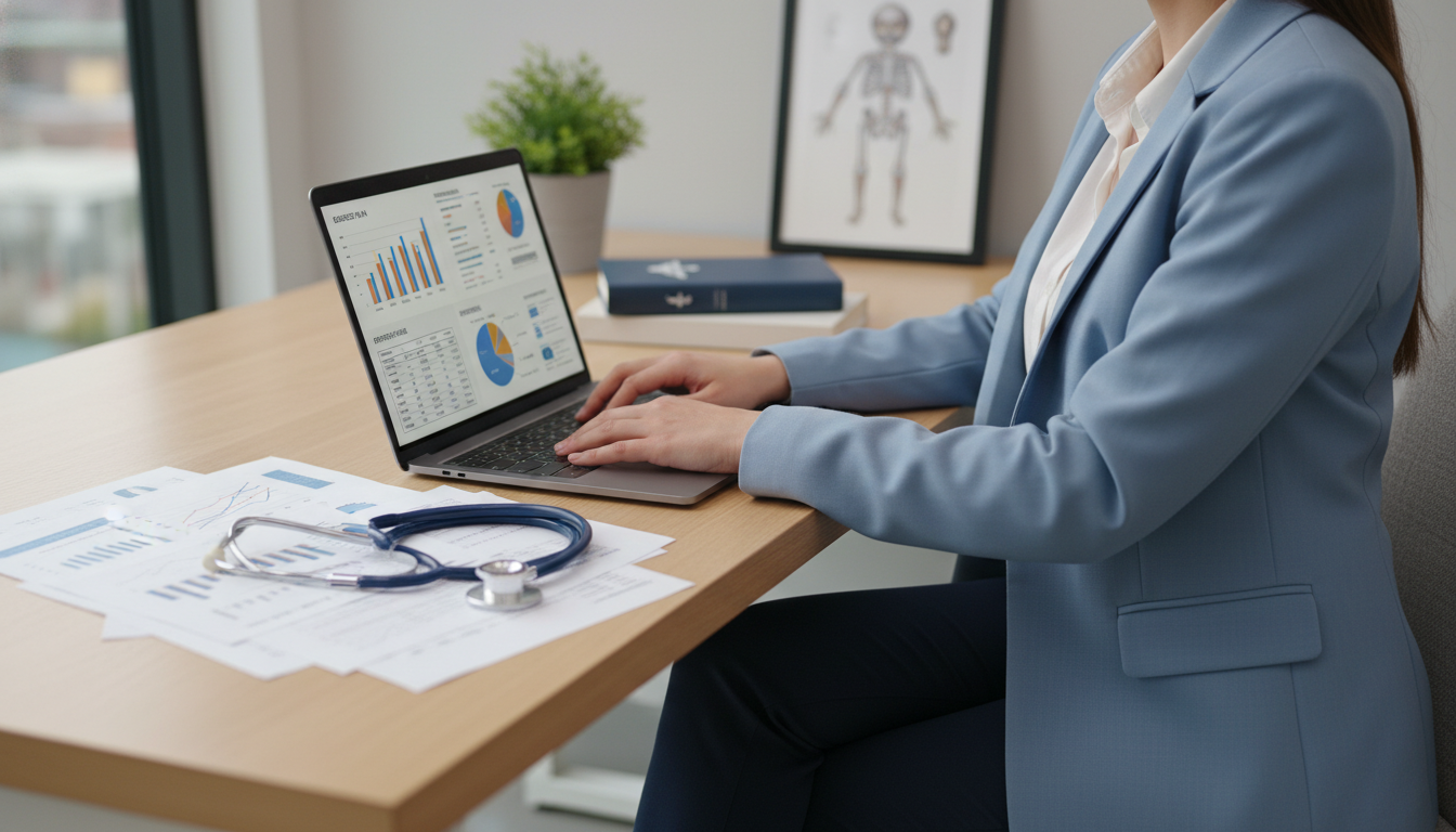 Pediatrician reviewing a business plan and financial projections on a laptop Pediatrician reviewing a business plan and financial projections on a laptop - pediatrics residency for Starting a Private Pr