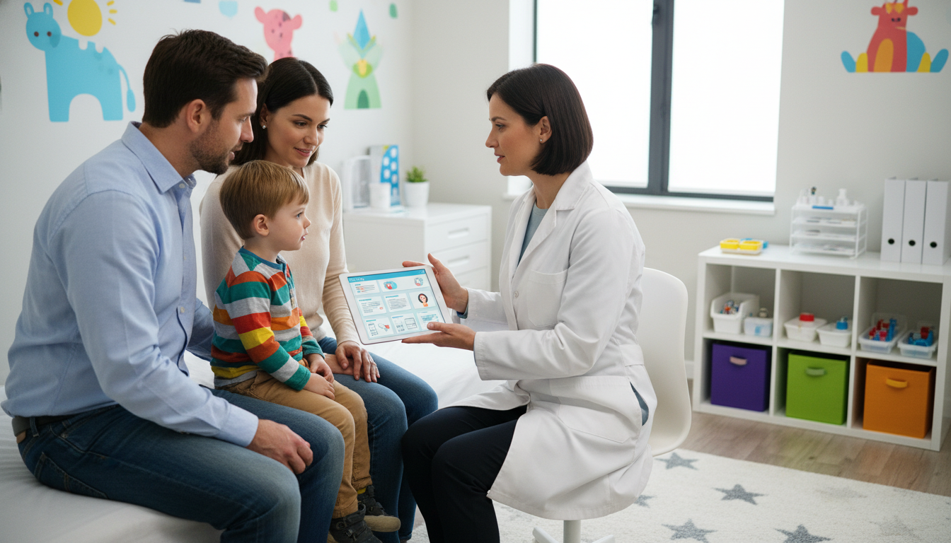 Pediatrician meeting with parents and a child in a newly opened private office Pediatrician meeting with parents and a child in a newly opened private office - pediatrics residency for Starting a Private
