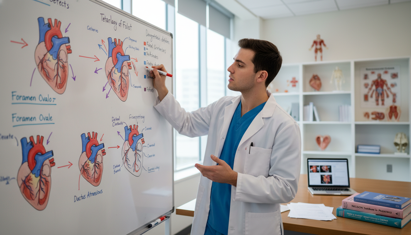 Medical student reviewing pediatric cardiology concepts for Step 1 - pediatrics residency for USMLE Step 1 Preparation in Ped