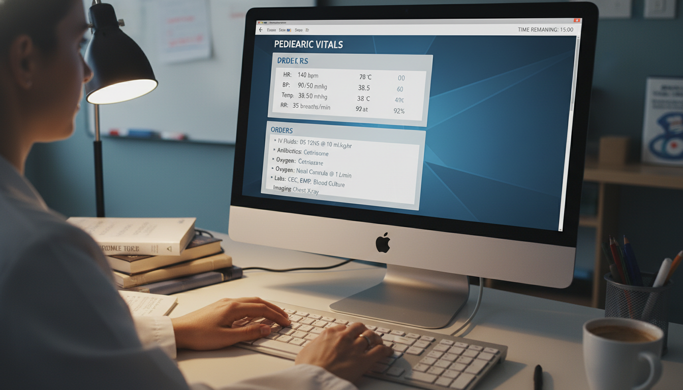 Resident practicing USMLE Step 3 CCS cases on a computer - pediatrics residency for USMLE Step 3 Preparation in Pediatrics: A