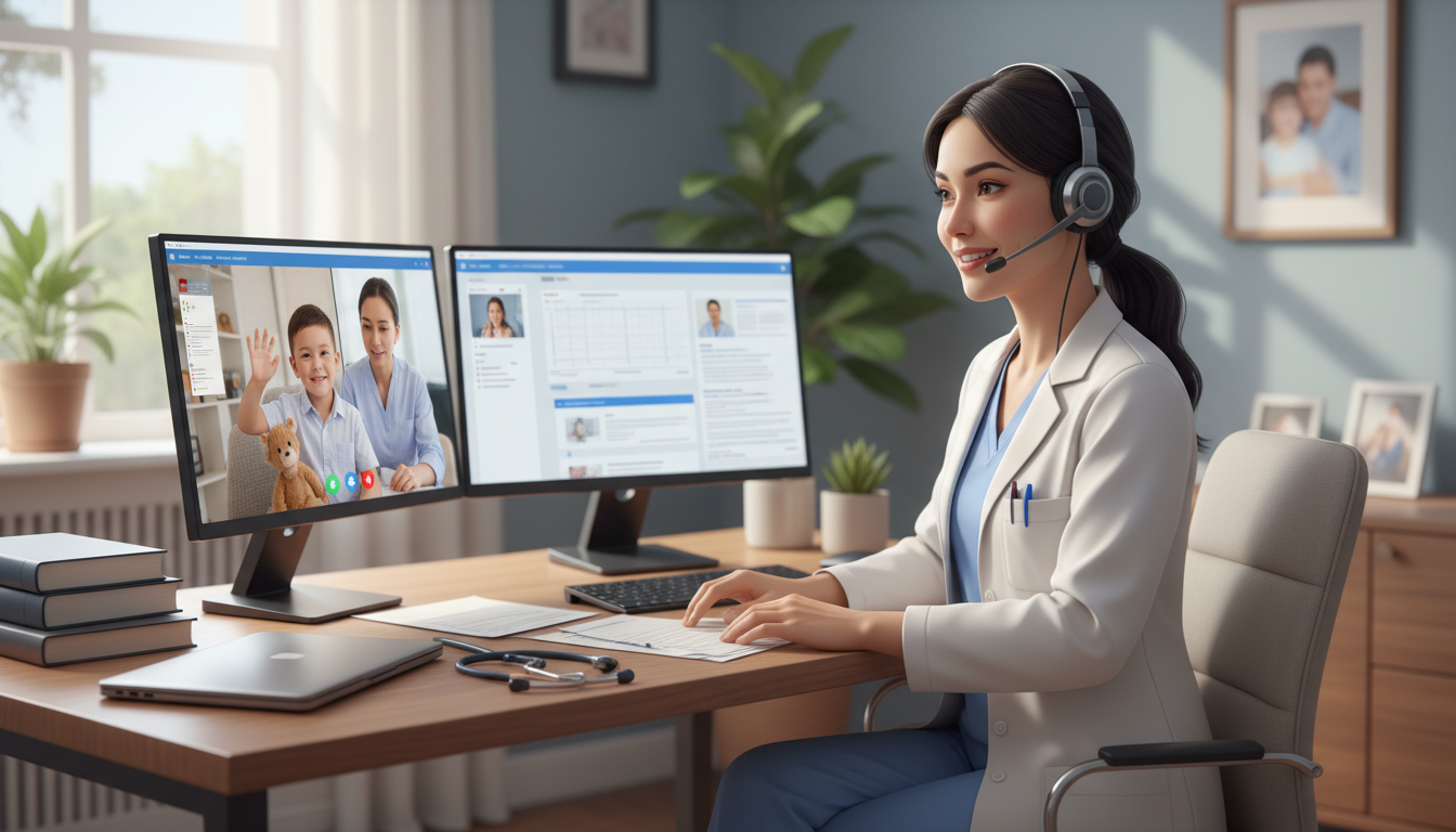 Pediatric telehealth physician working remotely from a home office Pediatric telehealth physician working remotely from a home office - pediatrics residency for Telemedicine Career Opportuniti