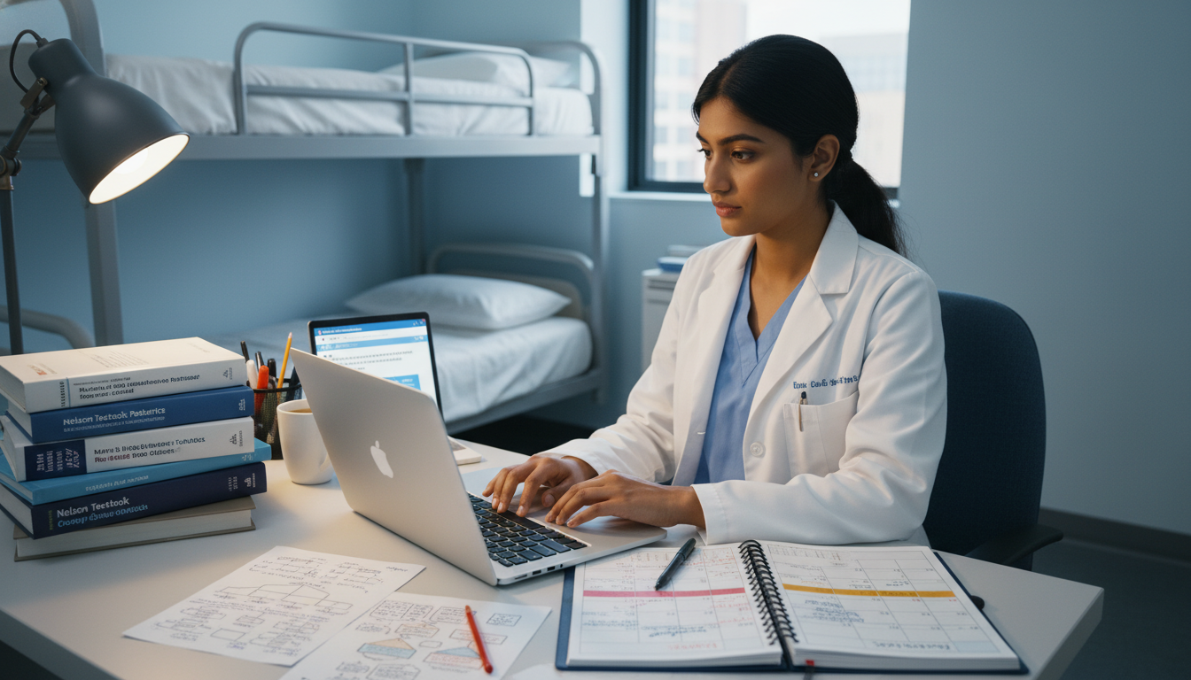 Resident reviewing pediatrics board resources with question bank and notes Resident reviewing pediatrics board resources with question bank and notes - peds psych residency for Board Exam Study Resour