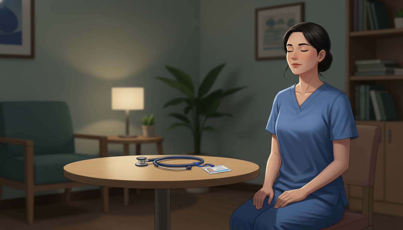 Resident practicing mindfulness in a hospital break room Resident practicing mindfulness in a hospital break room - peds psych residency for Residency Burnout Prevention in Pediatric