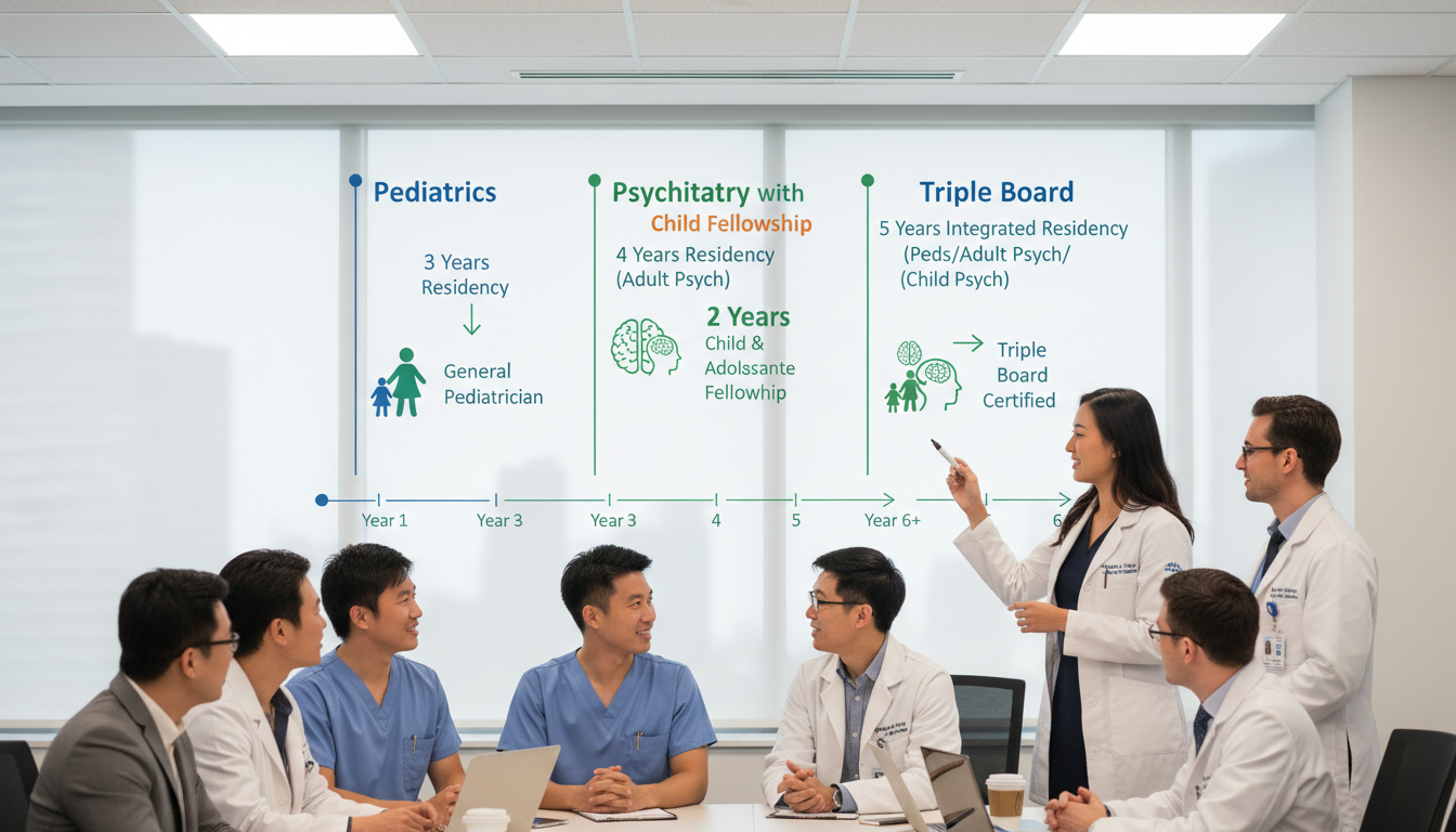 Diagram illustrating training pathways for pediatrics, psychiatry, and triple board Diagram illustrating training pathways for pediatrics, psychiatry, and triple board - peds psych residency for Choosing a Med