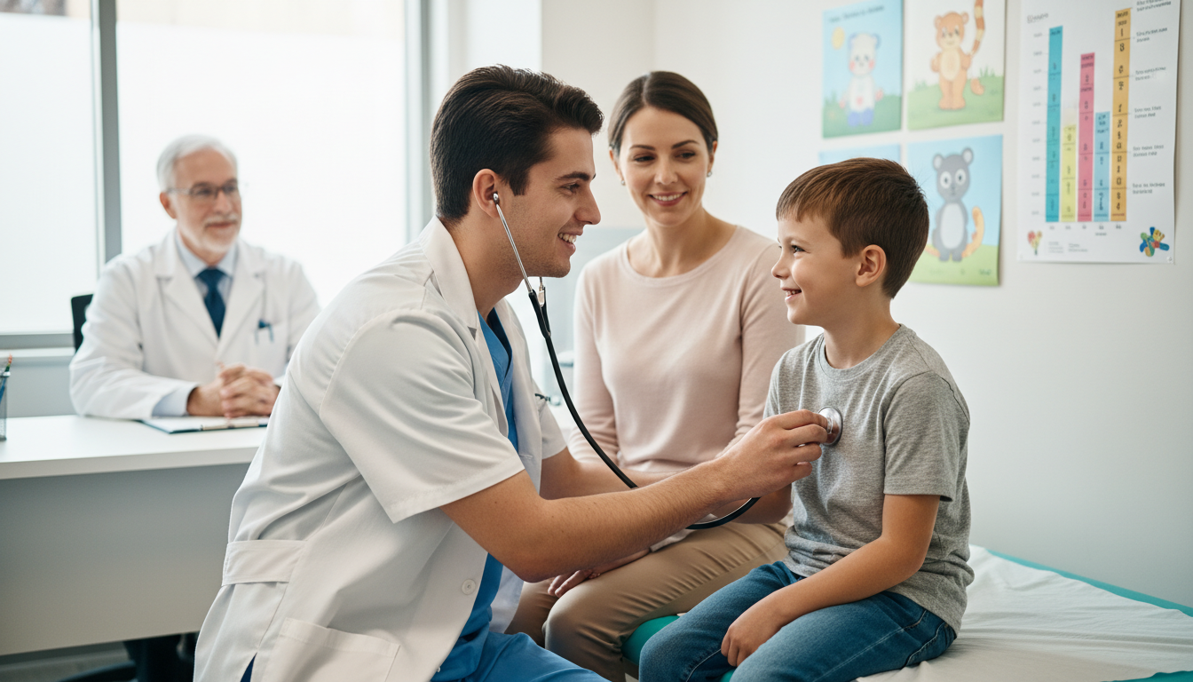 Medical student doing a pediatric exam while talking with parent and child Medical student doing a pediatric exam while talking with parent and child - peds psych residency for Excelling in Clinical R