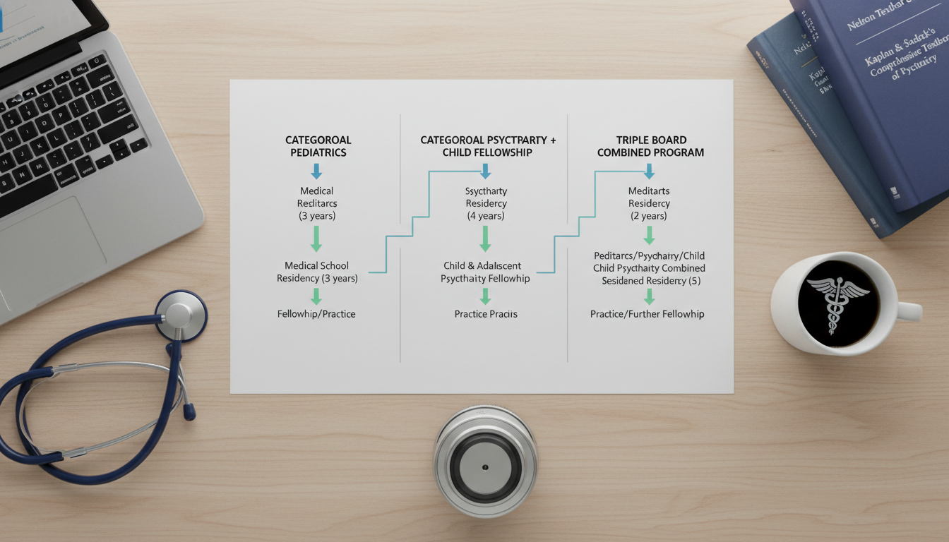 Infographic style visual comparing categorical and combined pediatrics psychiatry residency paths Infographic style visual comparing categorical and combined pediatrics psychiatry residency paths - peds psych residency for