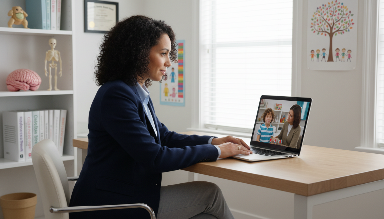 Pediatrics-psychiatry doctor reviewing a child patient case remotely on a laptop - peds psych residency for Locum Tenens Oppo