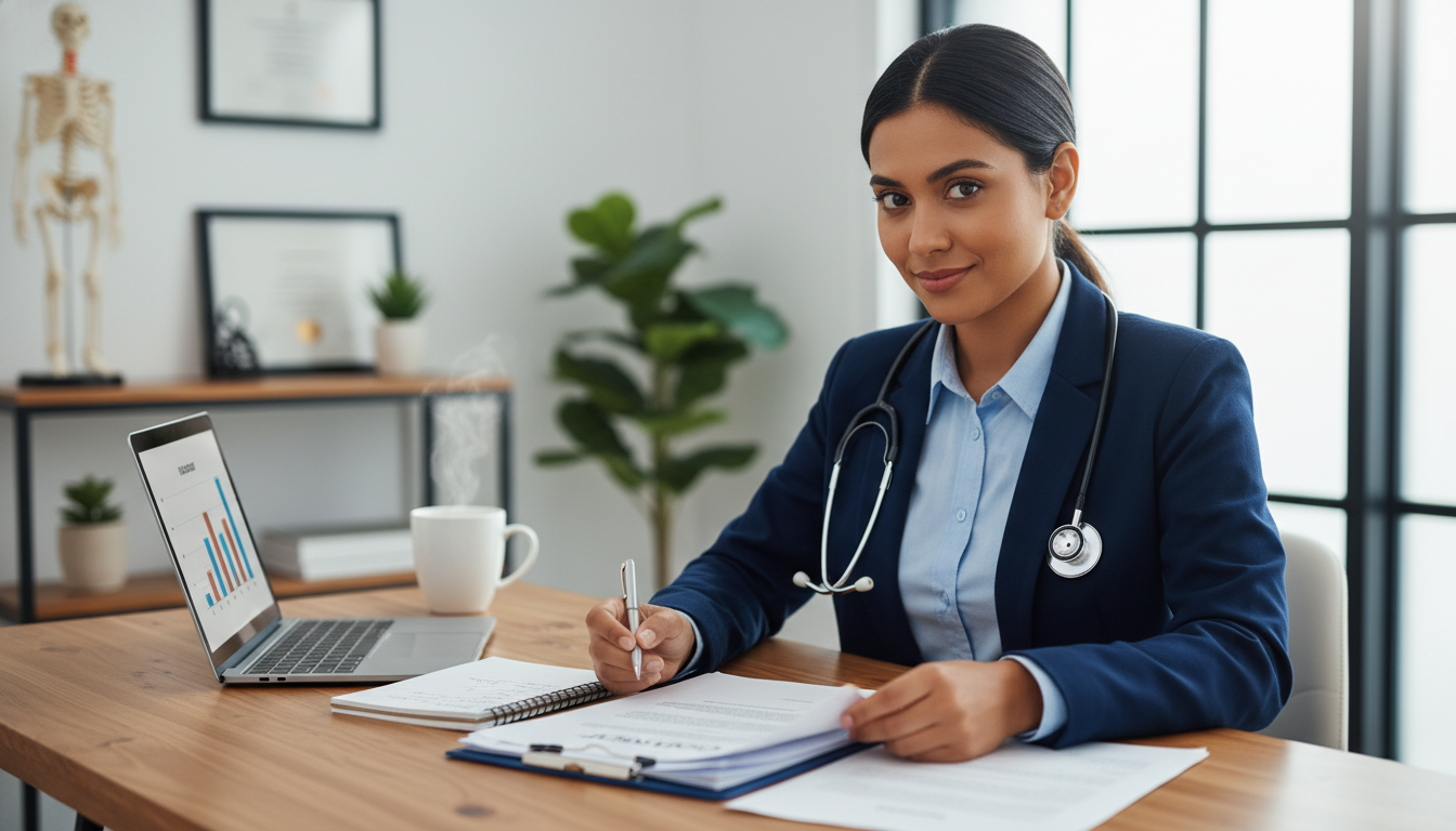 Physician reviewing locum tenens contract documents at a desk - peds psych residency for Locum Tenens Opportunities in Pediat