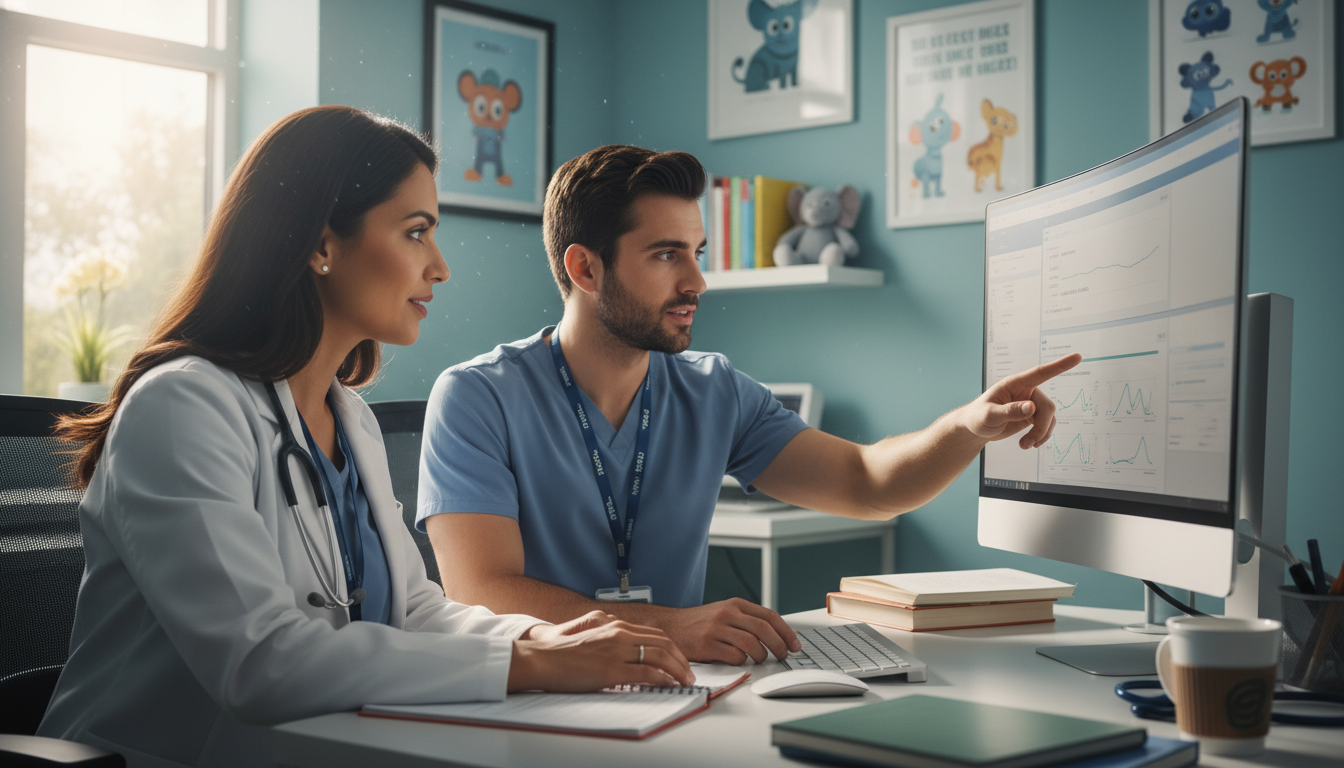 Medical student and pediatrics-psychiatry doctor reviewing cases together - peds psych residency for Medical Shadowing Experi