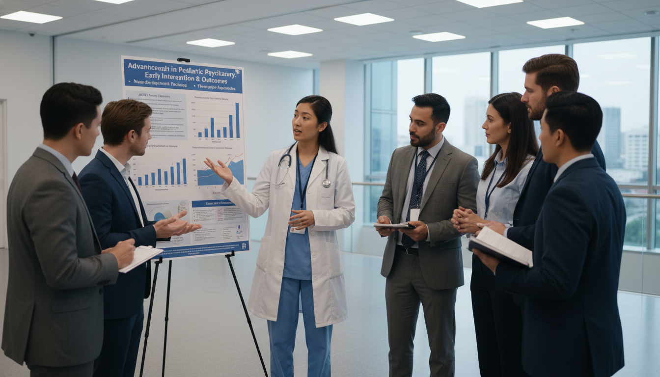 Resident presenting pediatric psychiatry research poster at conference Resident presenting pediatric psychiatry research poster at conference - peds psych residency for Research Profile Building i