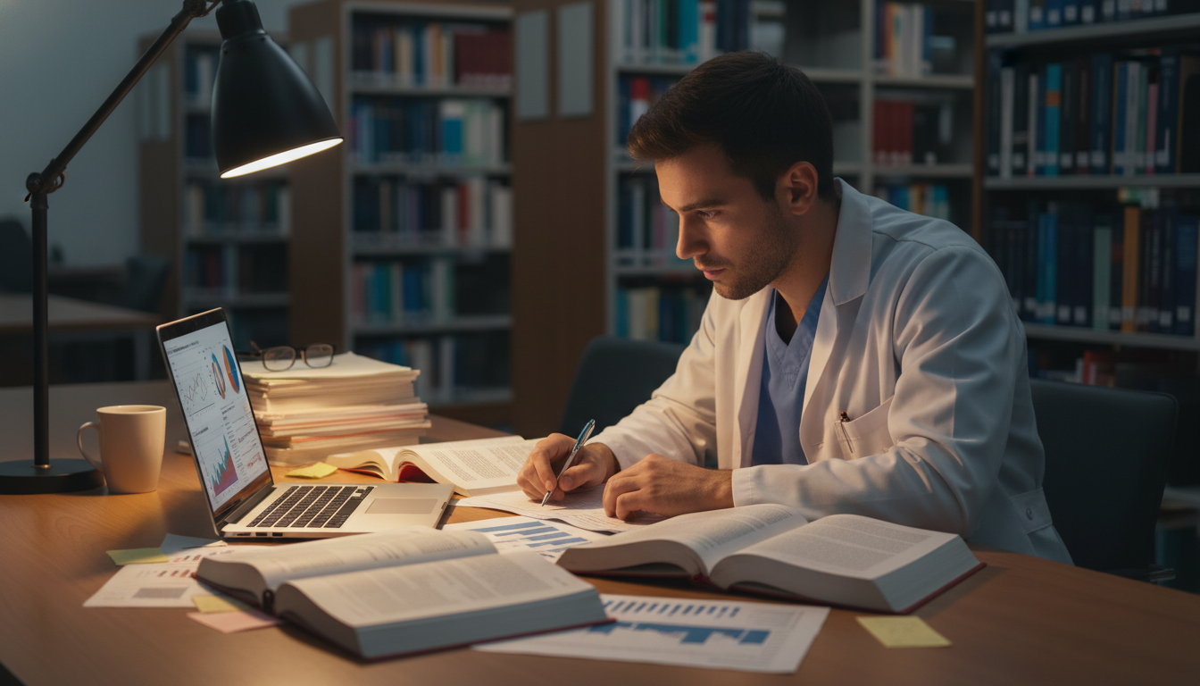 Medical student studying data and writing manuscript on laptop Medical student studying data and writing manuscript on laptop - peds psych residency for Research Profile Building in Pediat