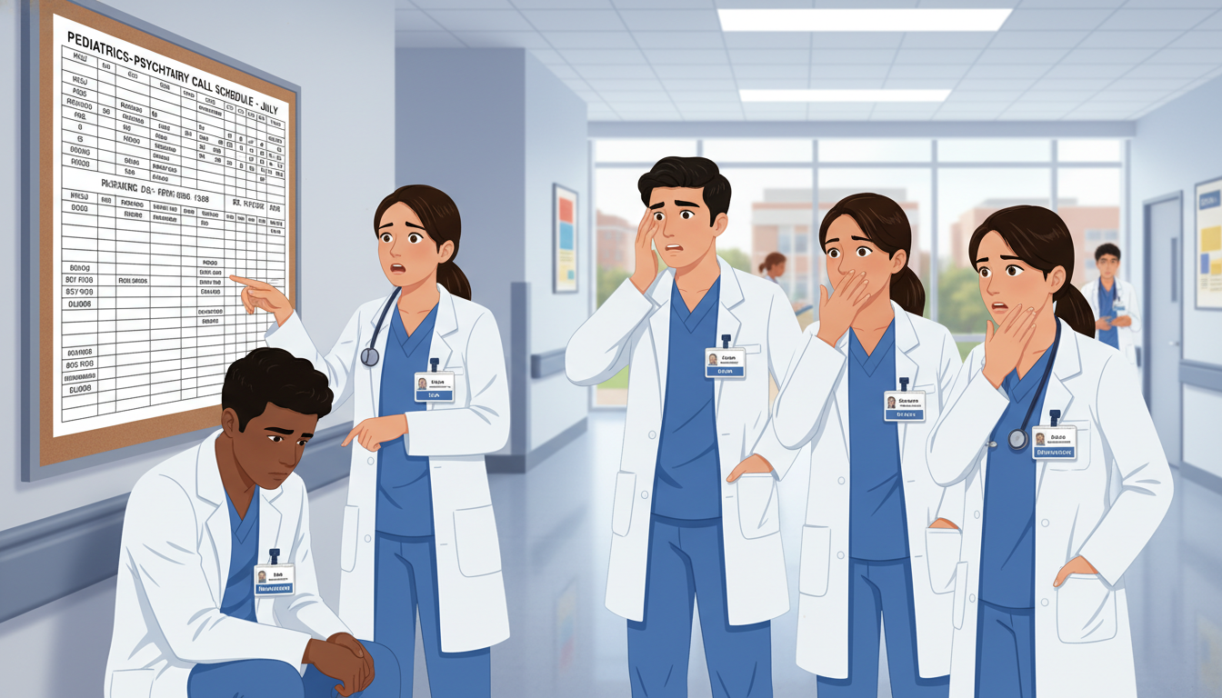 Pediatrics-psychiatry resident cohort in hospital hallway discussing schedule Pediatrics-psychiatry resident cohort in hospital hallway discussing schedule - peds psych residency for Resident Turnover Wa