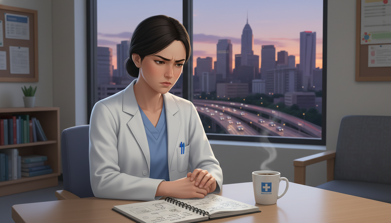 One pediatrics-psychiatry resident sitting alone looking reflective One pediatrics-psychiatry resident sitting alone looking reflective - peds psych residency for Resident Turnover Warning Sign