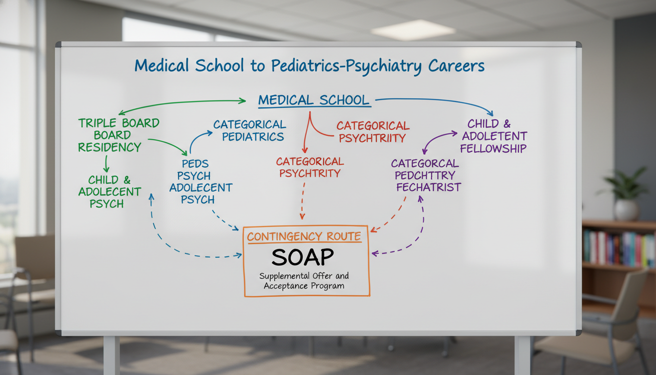 Flowchart of pediatrics-psychiatry career pathways including SOAP options - peds psych residency for SOAP Preparation in Pedi