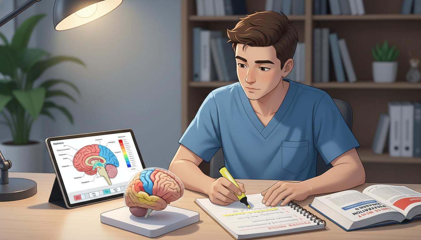 Medical student reviewing neuroanatomy and psychiatry concepts Medical student reviewing neuroanatomy and psychiatry concepts - peds psych residency for USMLE Step 1 Preparation in Pediatr