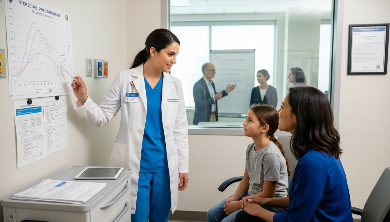 Triple board resident working with pediatric patient and consulting psychiatrist - peds psych residency for Step Score Strate