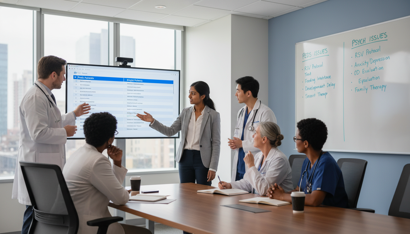 Peds-psych resident during sign-out meeting with team Peds-psych resident during sign-out meeting with team - peds psych residency for Managing Residency Work Hours in Pediatrics-