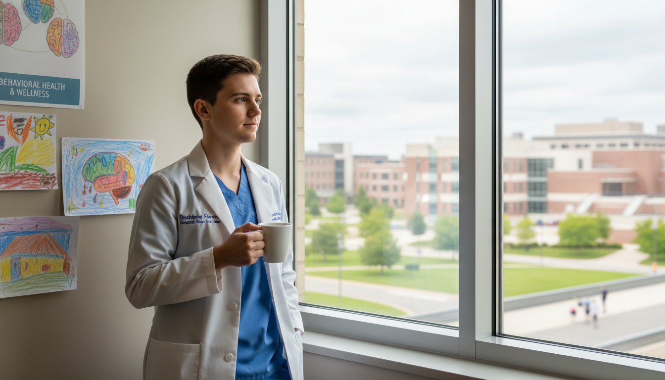 Resident taking a brief wellness break near a pediatric unit Resident taking a brief wellness break near a pediatric unit - peds psych residency for Managing Residency Work Hours in Pedi
