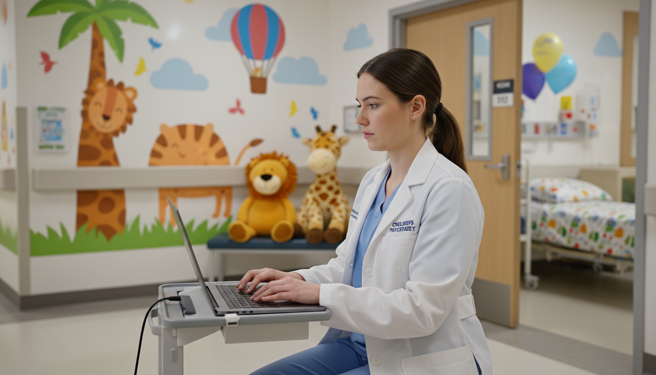 Pediatrics-psychiatry resident charting in a pediatric ward Pediatrics-psychiatry resident charting in a pediatric ward - peds psych residency for Work-Life Balance Assessment in Pediat