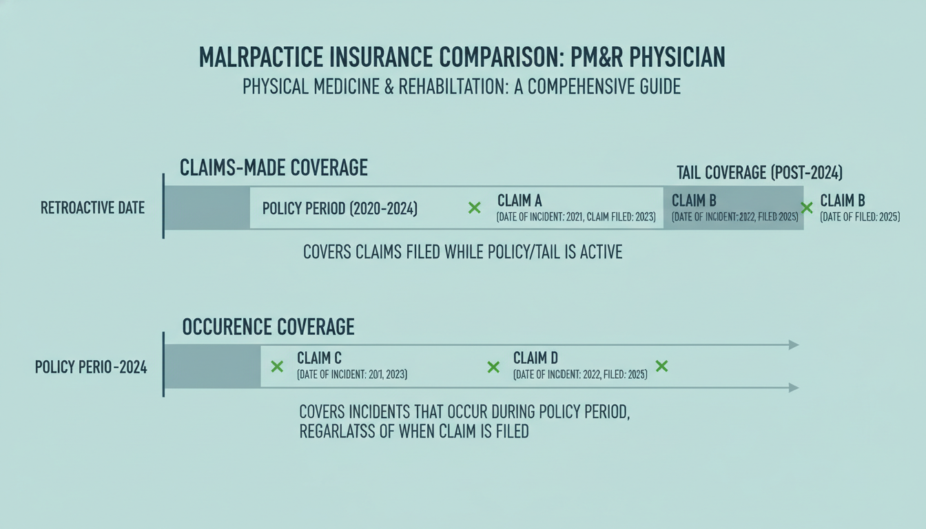Diagram explaining claims-made vs occurrence malpractice insurance - PM&R residency for Malpractice Insurance Guide in Physic
