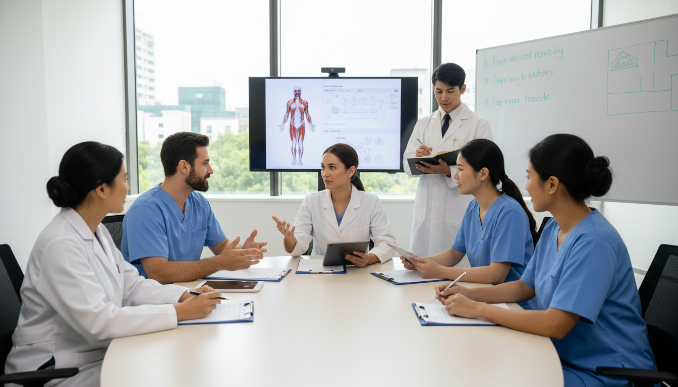 Interdisciplinary rehabilitation team meeting with medical student observer - PM&R residency for Medical Shadowing Experience