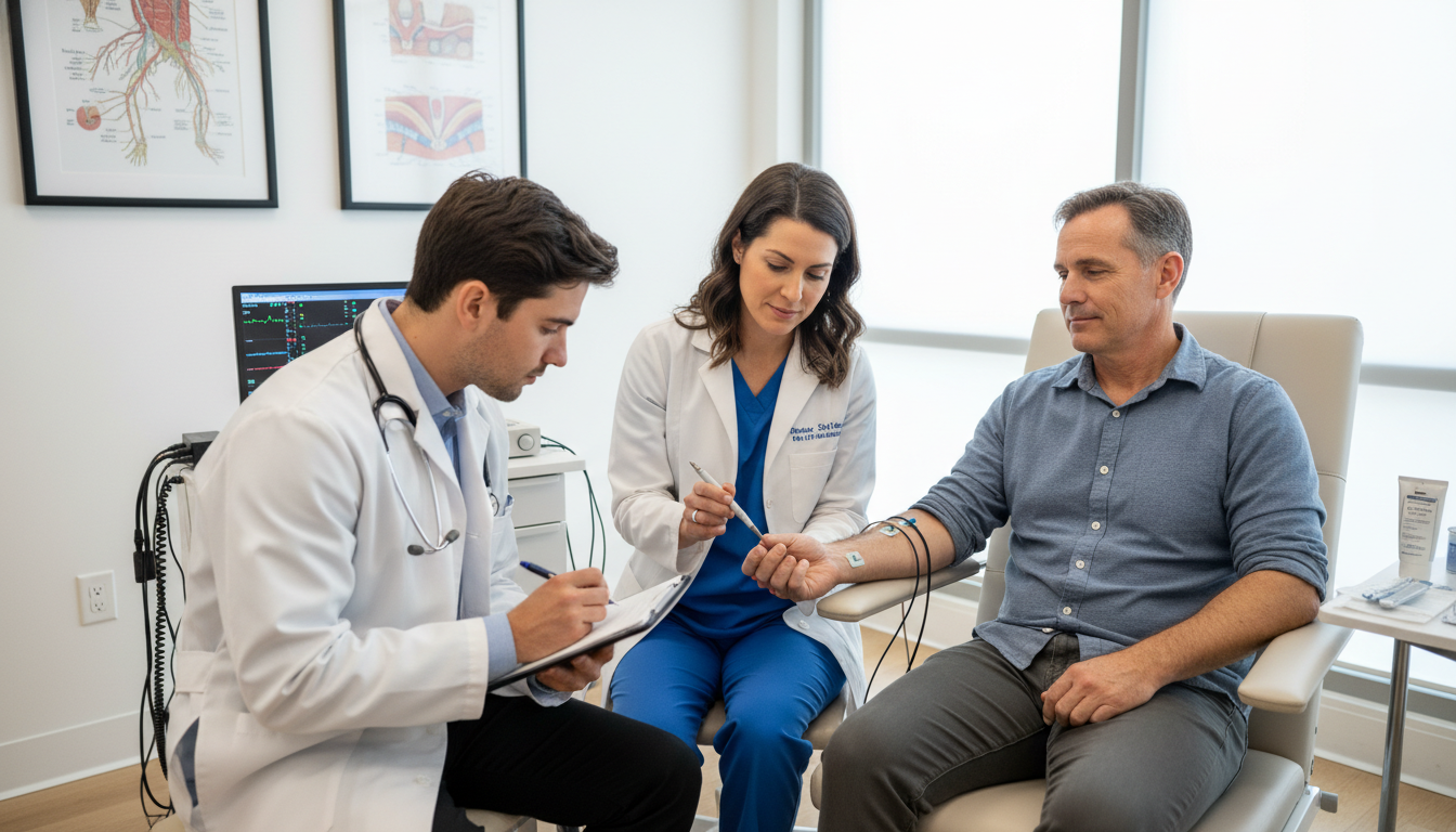 Medical student observing a physiatrist performing EMG in clinic - PM&R residency for Medical Shadowing Experience in Physica