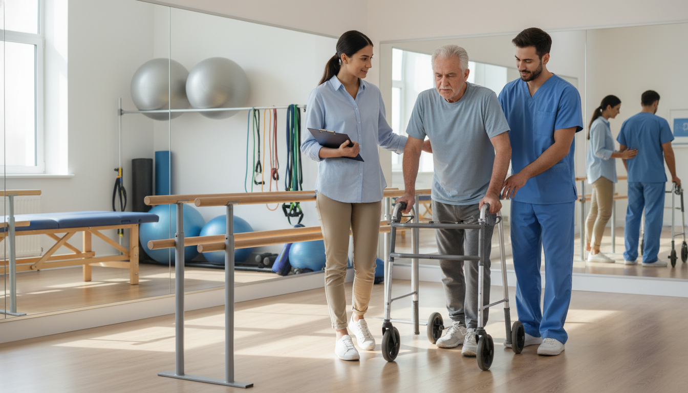 Medical student volunteering in a rehabilitation gym with a stroke patient Medical student volunteering in a rehabilitation gym with a stroke patient - PM&R residency for Pre-Med Preparation in Physic