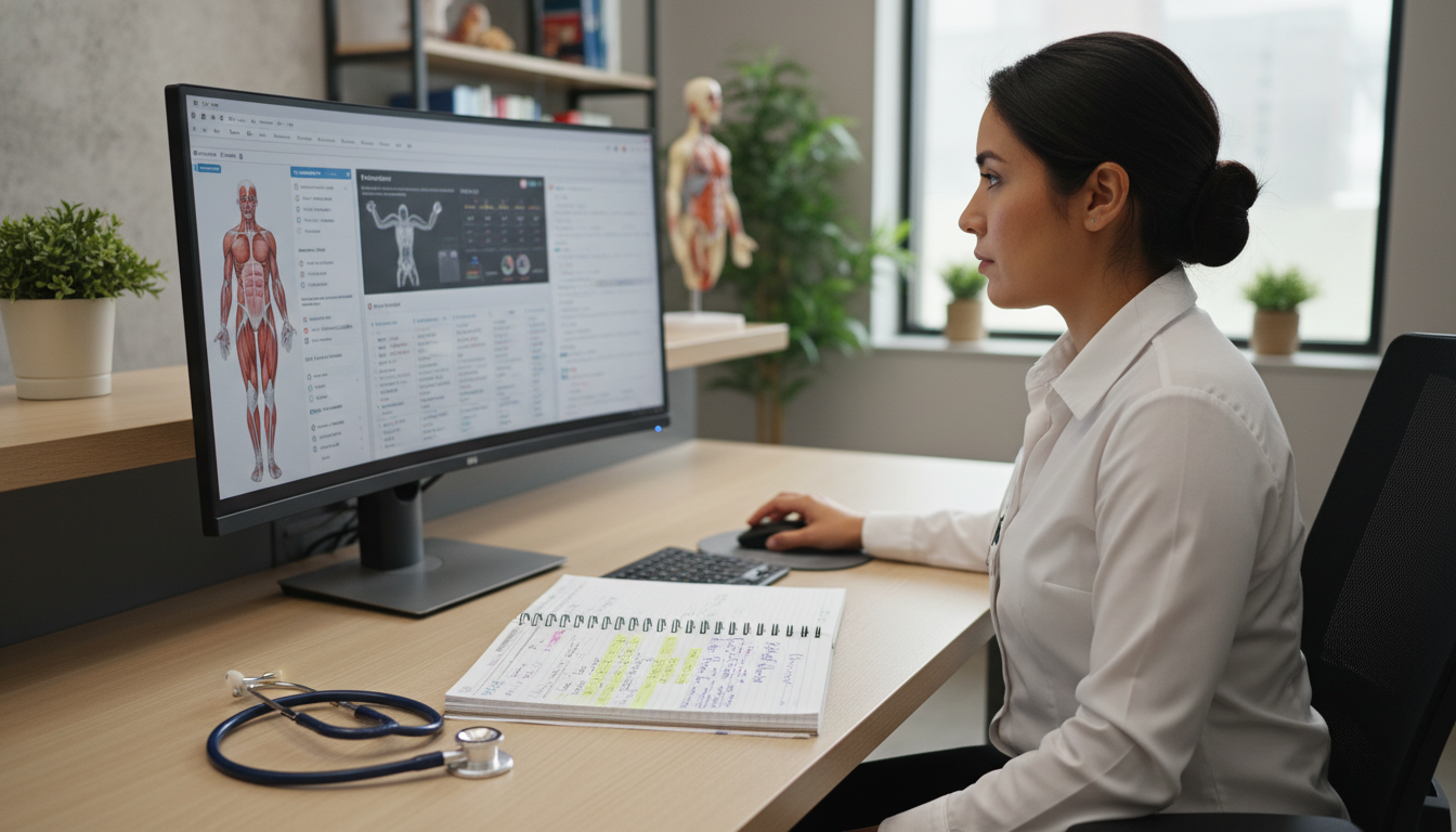 Resident practicing USMLE Step 3 CCS cases on a computer Resident practicing USMLE Step 3 CCS cases on a computer - PM&R residency for USMLE Step 3 Preparation in Physical Medicine &