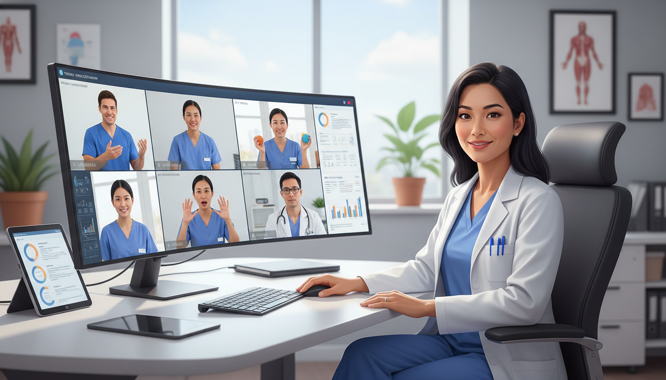 Physiatrist leading a virtual interdisciplinary rehab team meeting Physiatrist leading a virtual interdisciplinary rehab team meeting - PM&R residency for Telemedicine Career Opportunities in