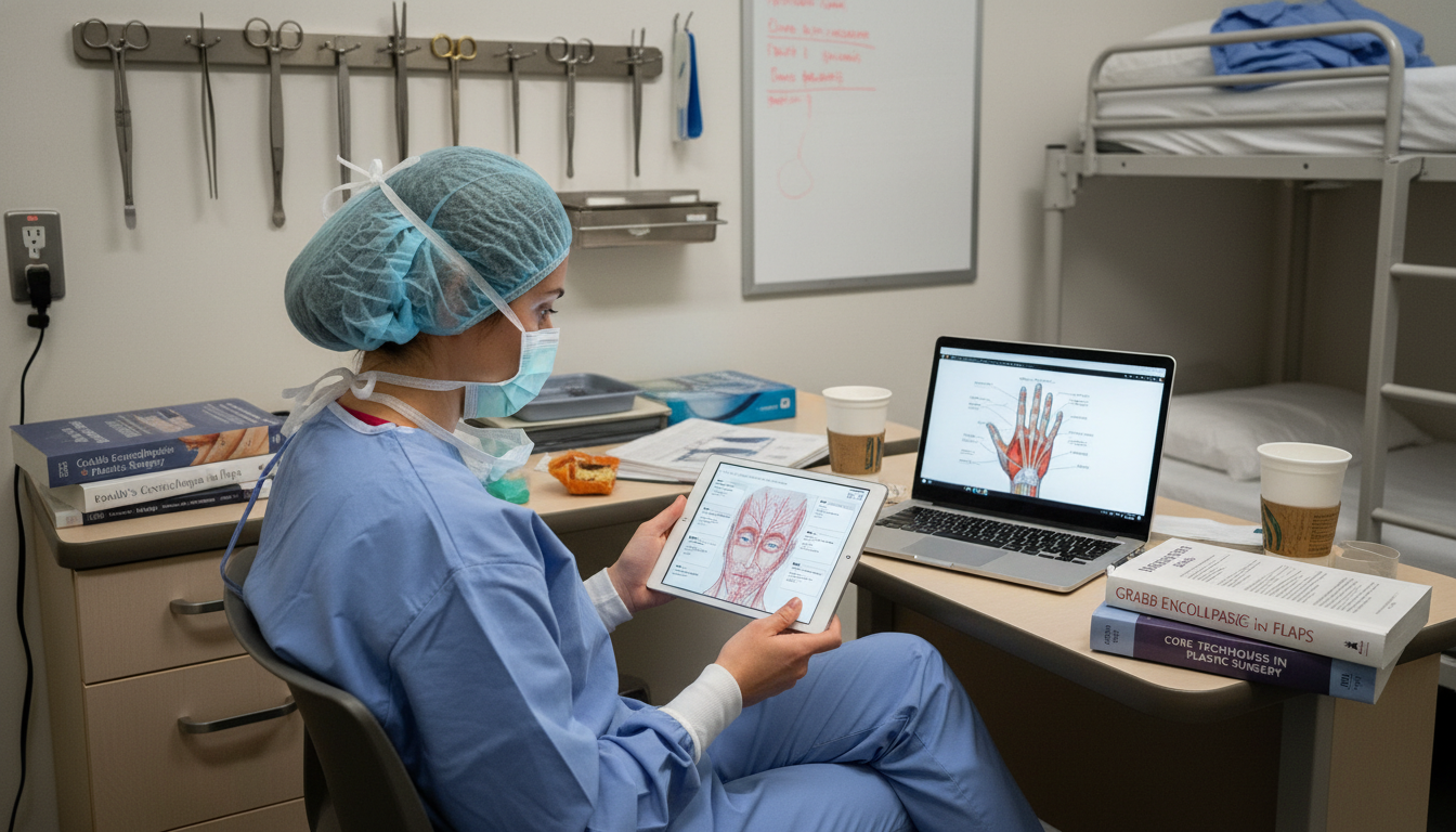 Plastic surgery resident reviewing digital flashcards on a tablet Plastic surgery resident reviewing digital flashcards on a tablet - plastic surgery residency for Board Exam Study Resources