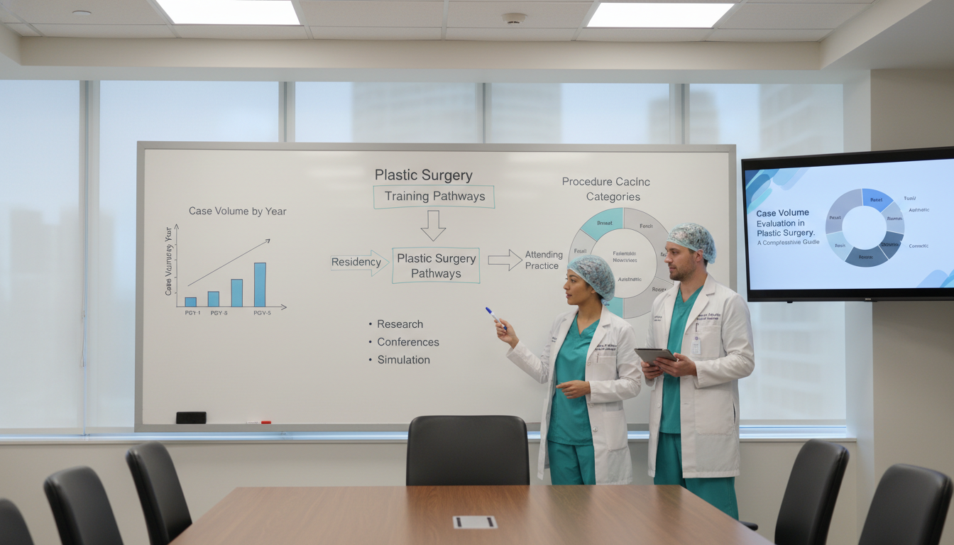 Plastic surgery residents discussing case mix and volume on a hospital whiteboard Plastic surgery residents discussing case mix and volume on a hospital whiteboard - plastic surgery residency for Case Volume