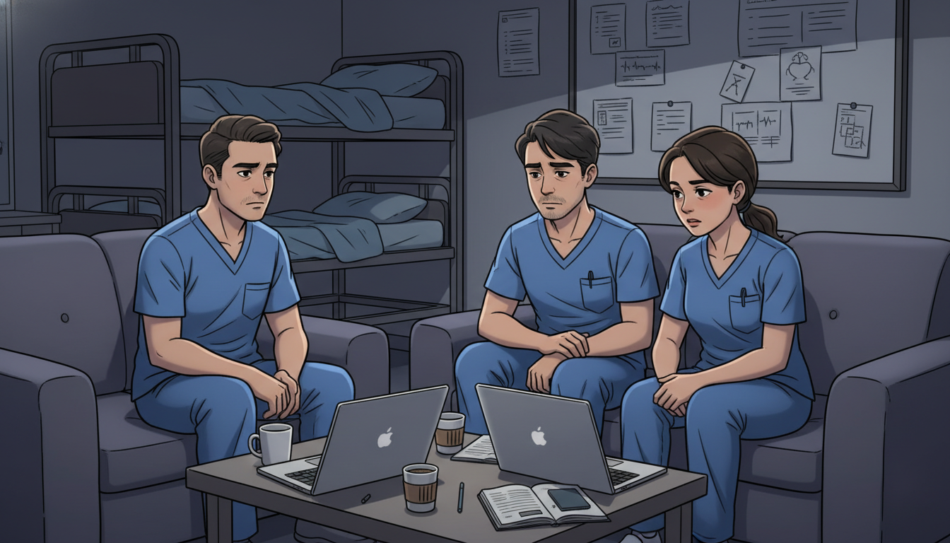 Plastic surgery residents sitting together in a lounge discussing program experiences Plastic surgery residents sitting together in a lounge discussing program experiences - plastic surgery residency for Identif