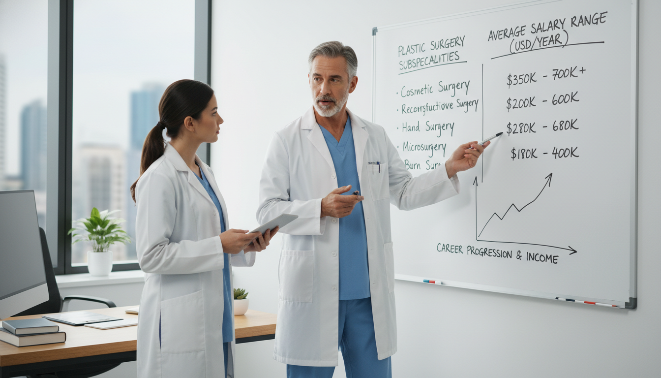 Plastic surgeon explaining subspecialty options and compensation differences to a resident - plastic surgery residency for Ph