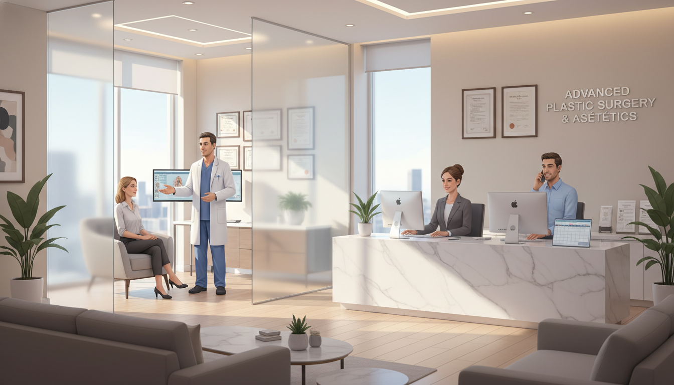 Modern plastic surgery clinic with staff and patient interaction Modern plastic surgery clinic with staff and patient interaction - plastic surgery residency for Starting a Private Practice