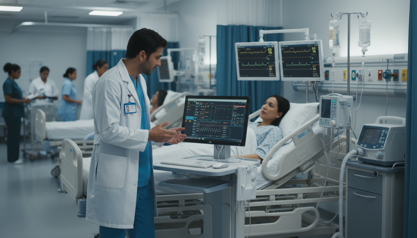 Resident physician caring for a patient on a hospital ward Resident physician caring for a patient on a hospital ward - preliminary medicine year for Academic vs Private Practice in Pr