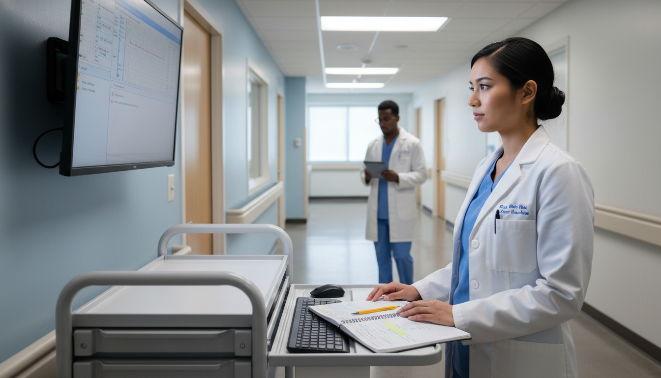 Preliminary medicine resident reviewing patient cases and board exam notes - preliminary medicine year for Board Exam Study R