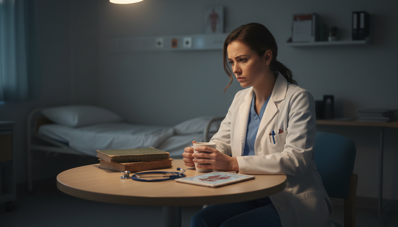 Resident reflecting quietly during a night shift break Resident reflecting quietly during a night shift break - preliminary medicine year for Residency Burnout Prevention in Prelim