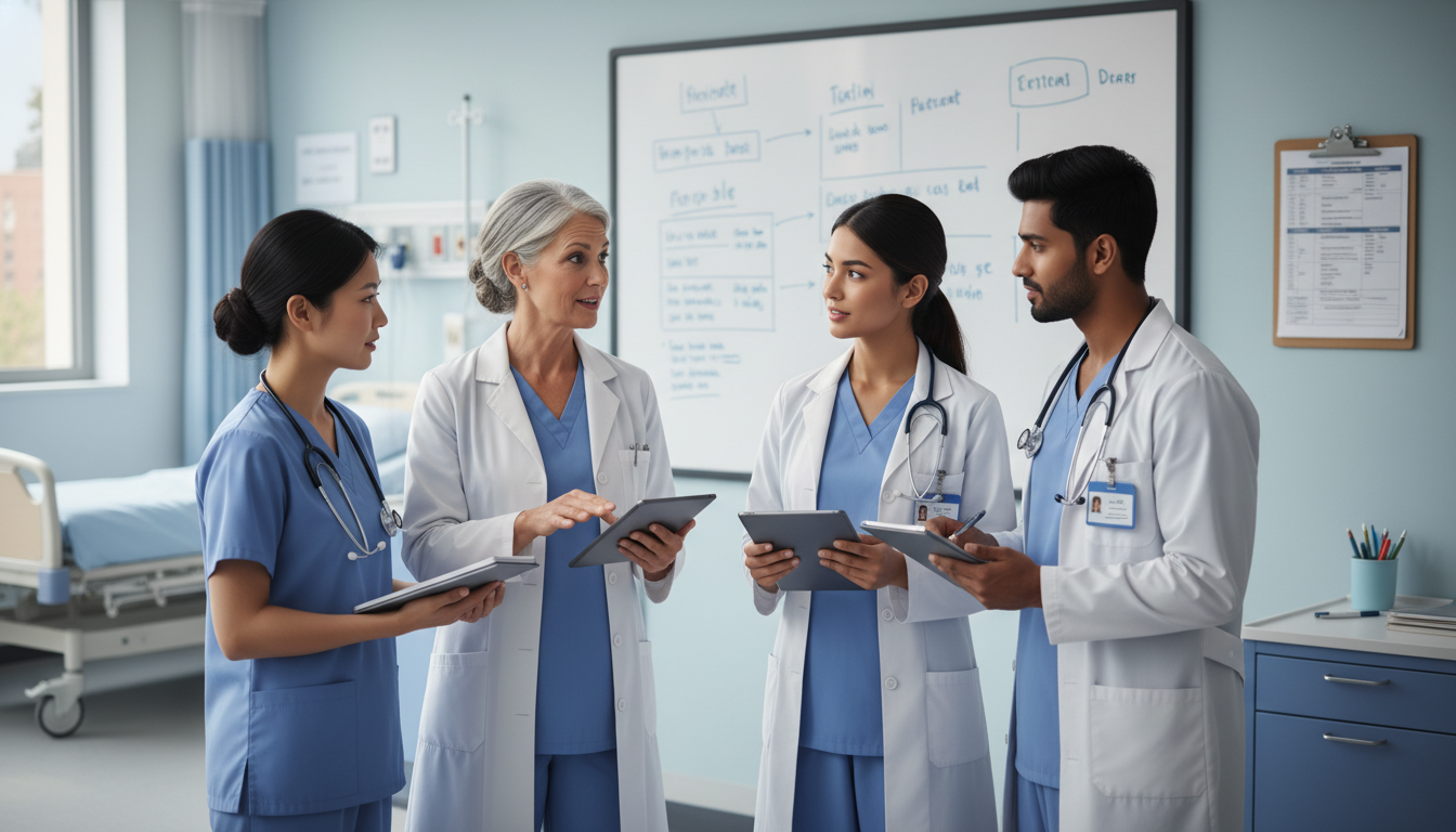 Team huddle among residents and attending physician Team huddle among residents and attending physician - preliminary medicine year for Residency Burnout Prevention in Prelimina