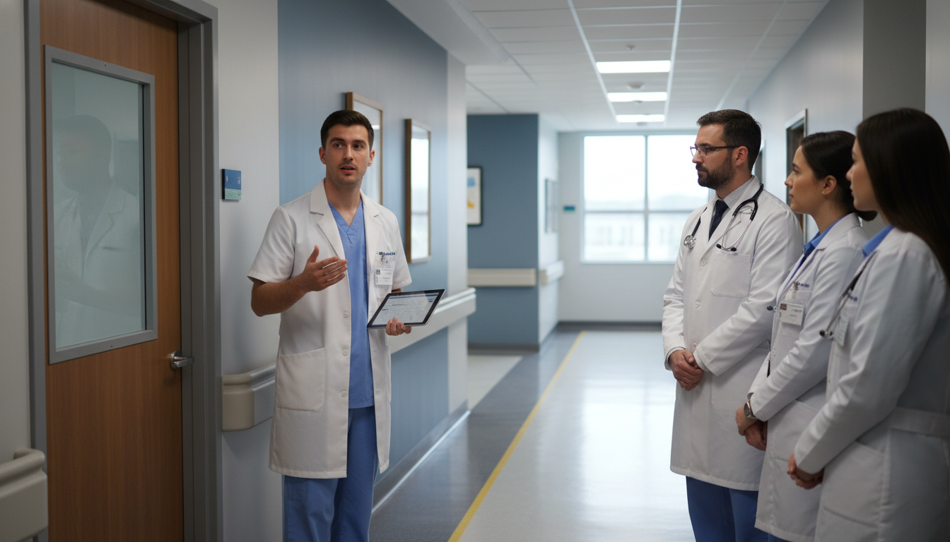 Medical student presenting a patient case during ward rounds Medical student presenting a patient case during ward rounds - preliminary medicine year for Excelling in Clinical Rotations